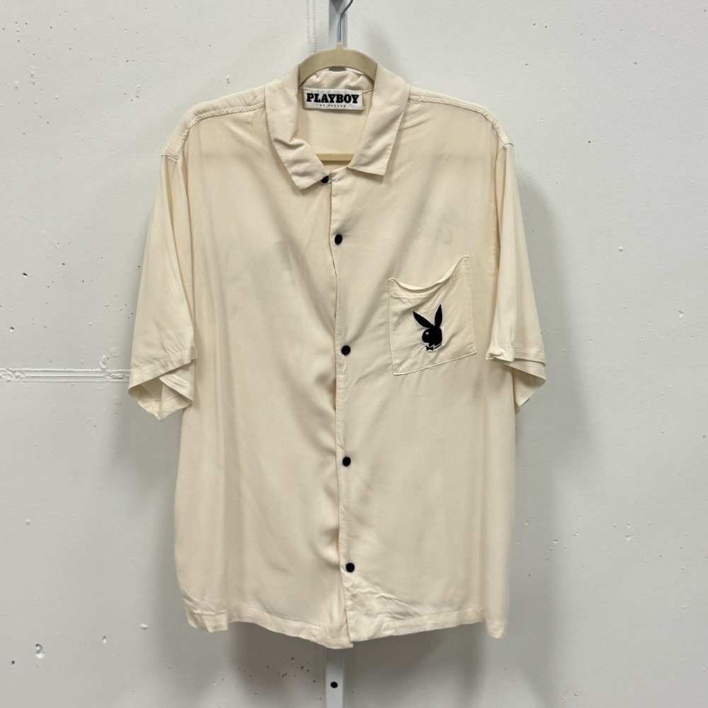 Playboy by PacSun Men's Cream Rayon Locals Only Skeleton Button Down Shirt Large